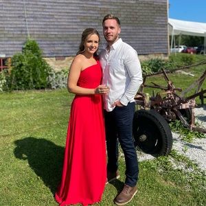 Azazie red bridesmaid dress